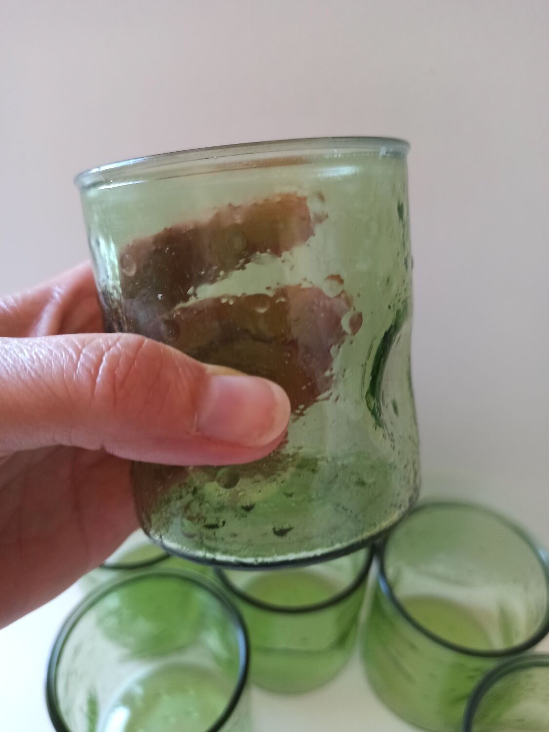 6 green bubbled glasses