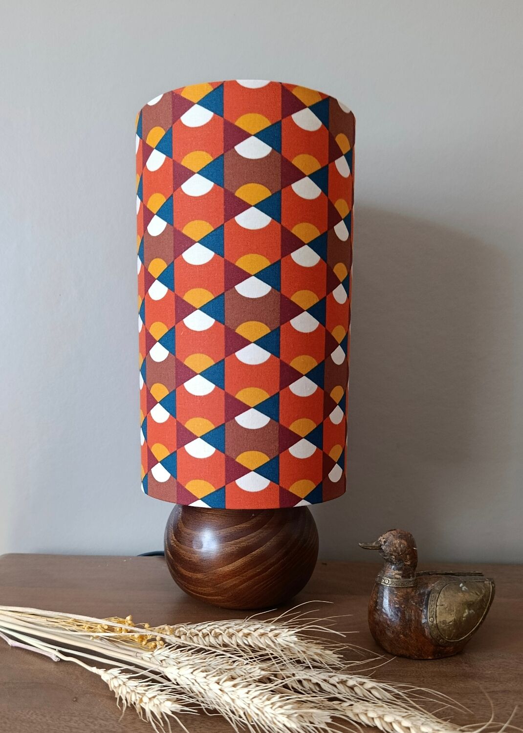 vintage wooden ball lamp, graphic lampshade in 70s style