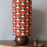 vintage wooden ball lamp, graphic lampshade in 70s style