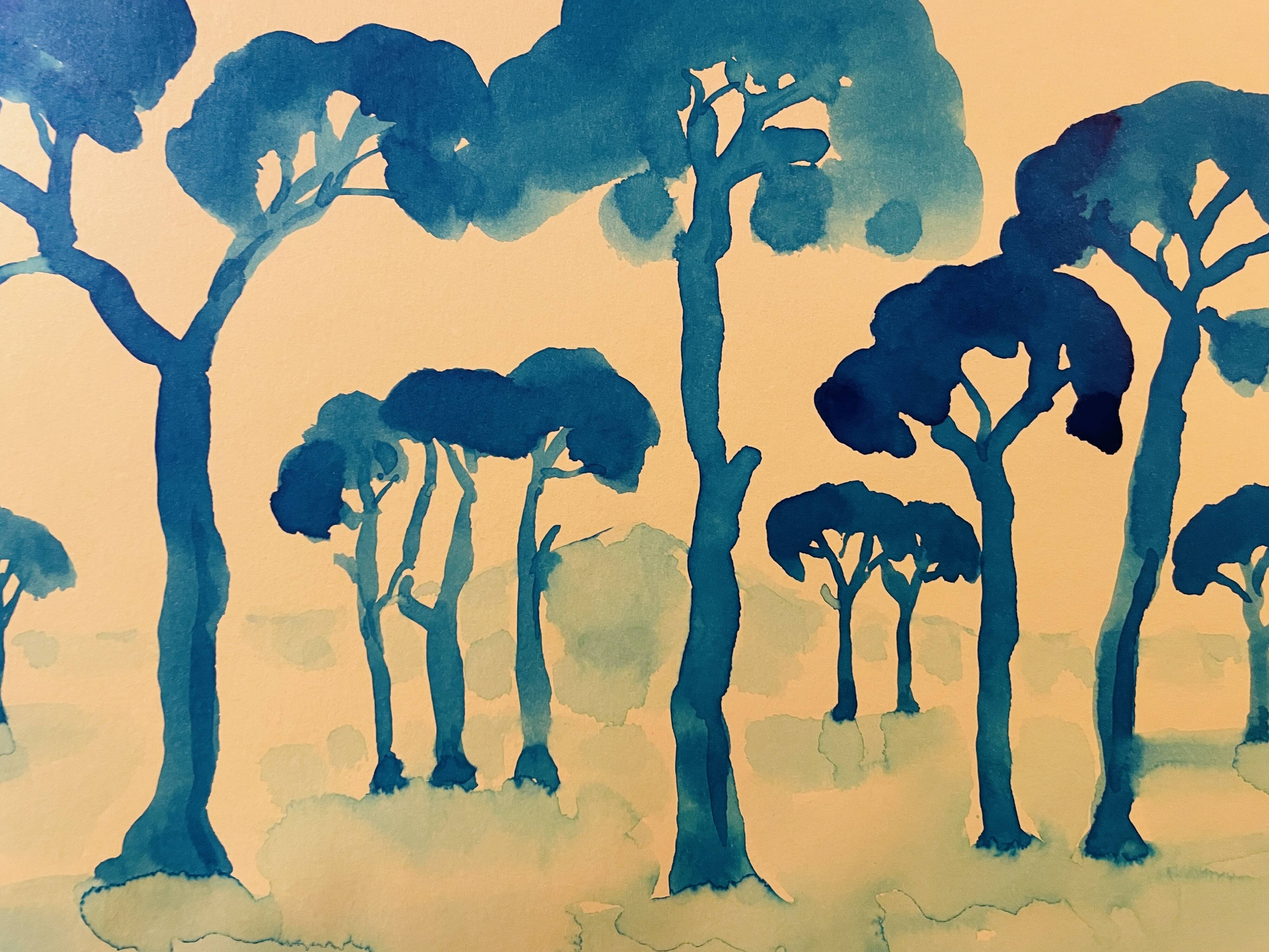 Tableau signé aquarelle coucher de soleil sur le Mont Ventoux Provence
