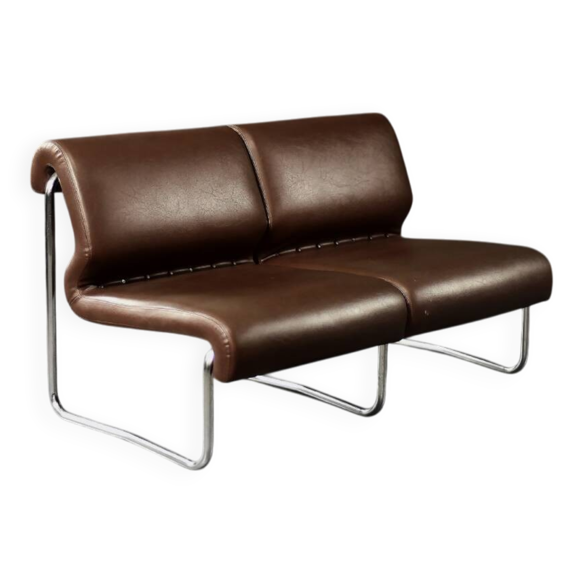 Mid-century modern German vintage canapé lounge, 2-seater, brown steel frame.