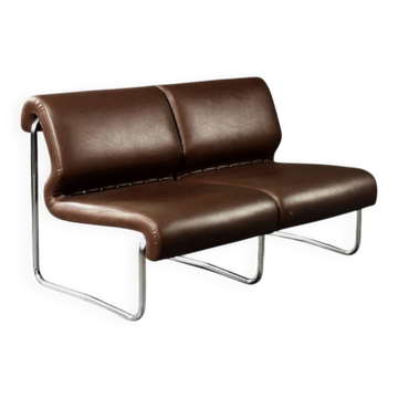 Mid-century modern German vintage canapé lounge, 2-seater, brown steel frame.