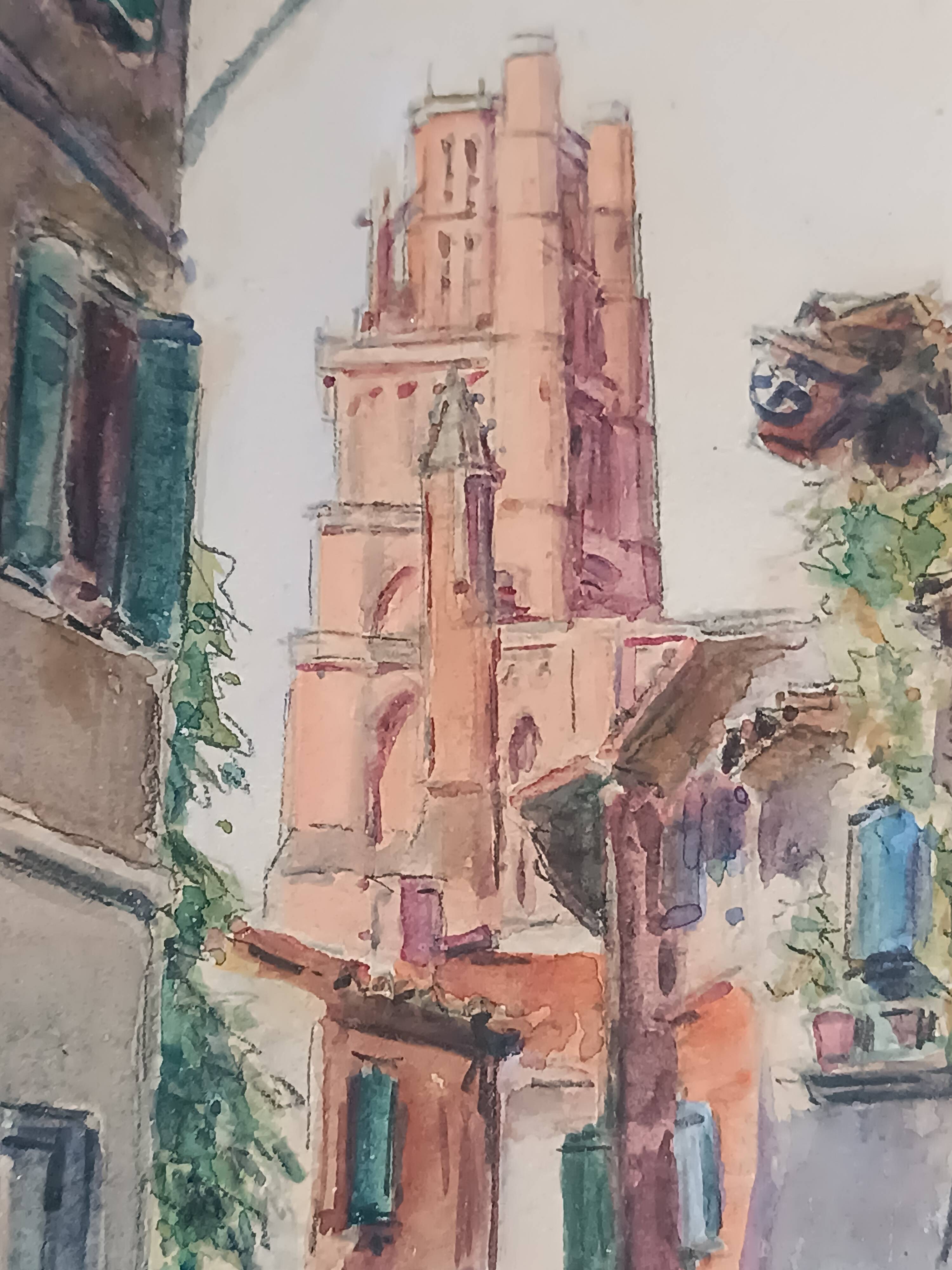 Signed watercolor painting View of Albi Cathedral