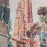 Tableau Aquarelle signée Vue sur la Cathédrale d'Albi