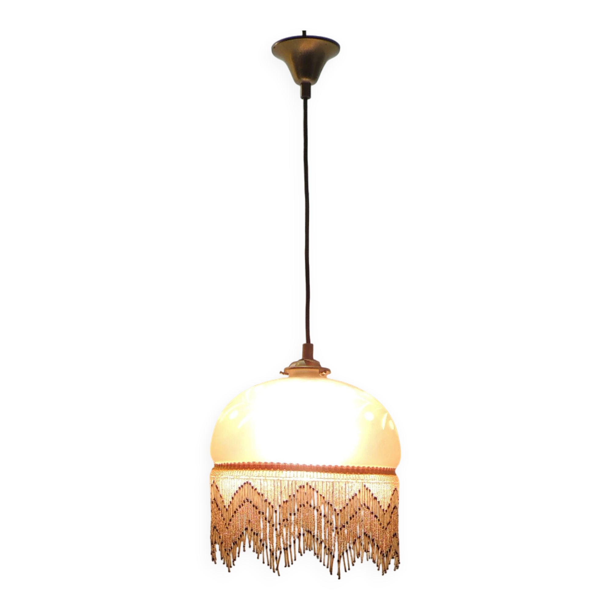Vintage frosted glass pendant light with beaded fringes - Art Deco lamp