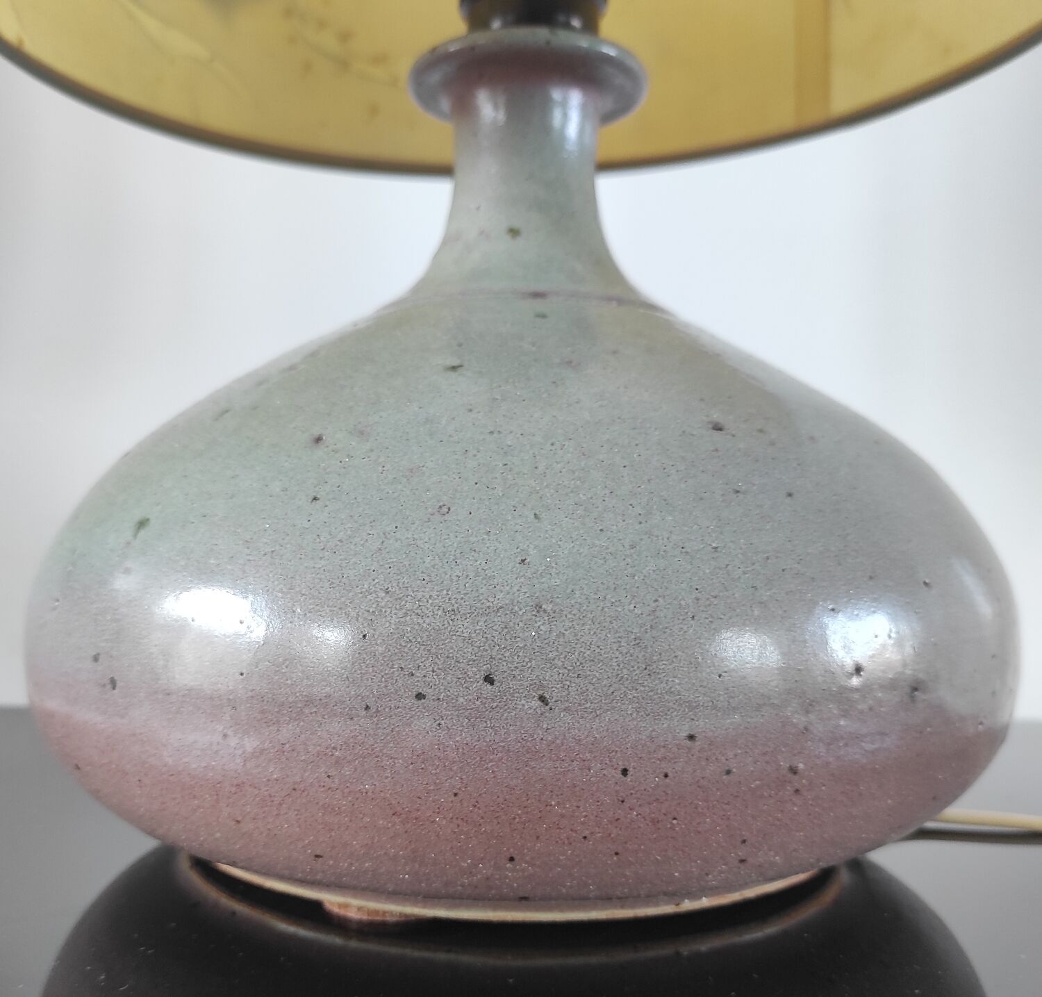 Vintage ceramic lamp signed & hand-painted silk shade 70s