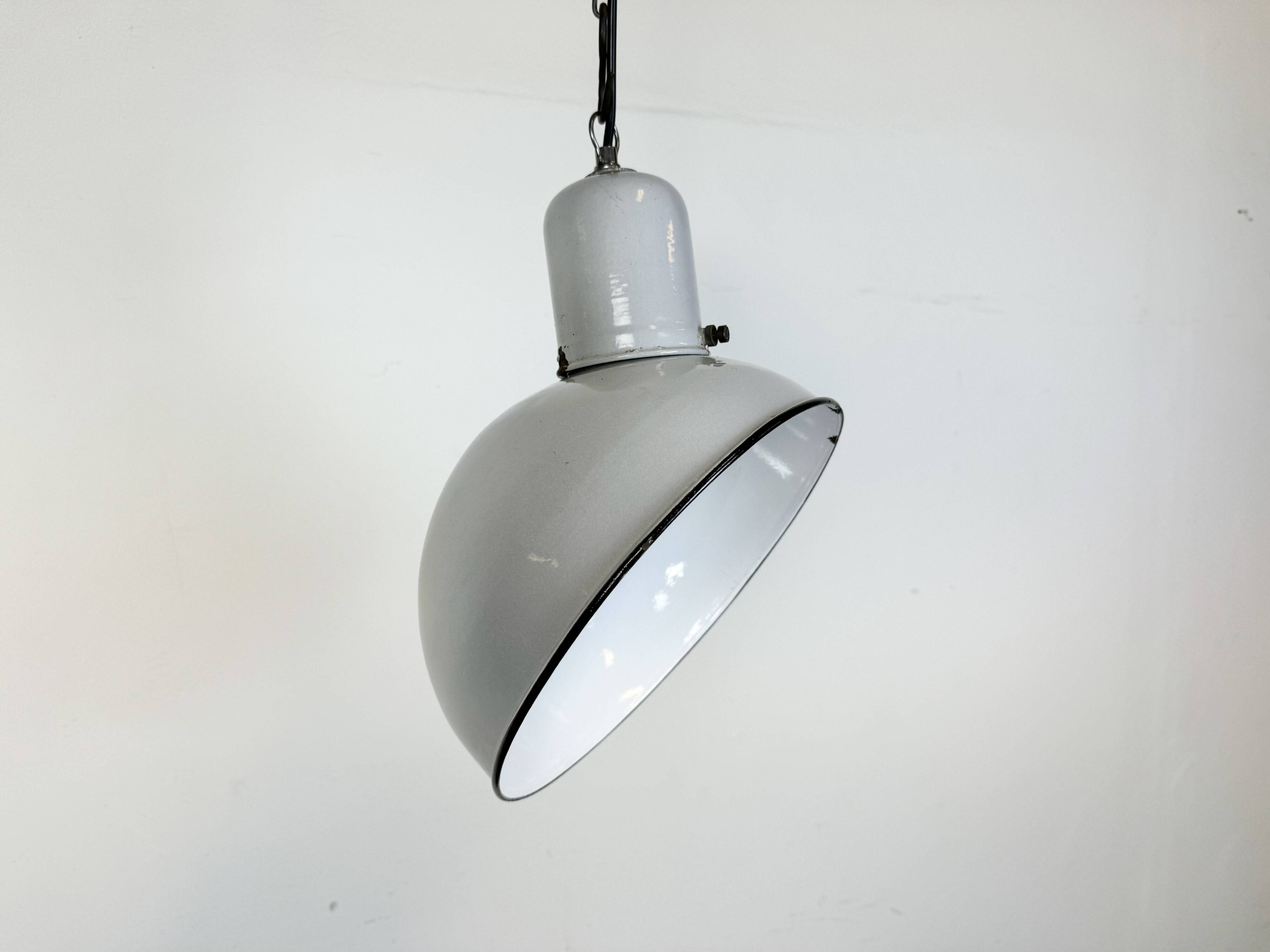 Industrial Grey Enamel Factory Pendant Lamp, 1960s