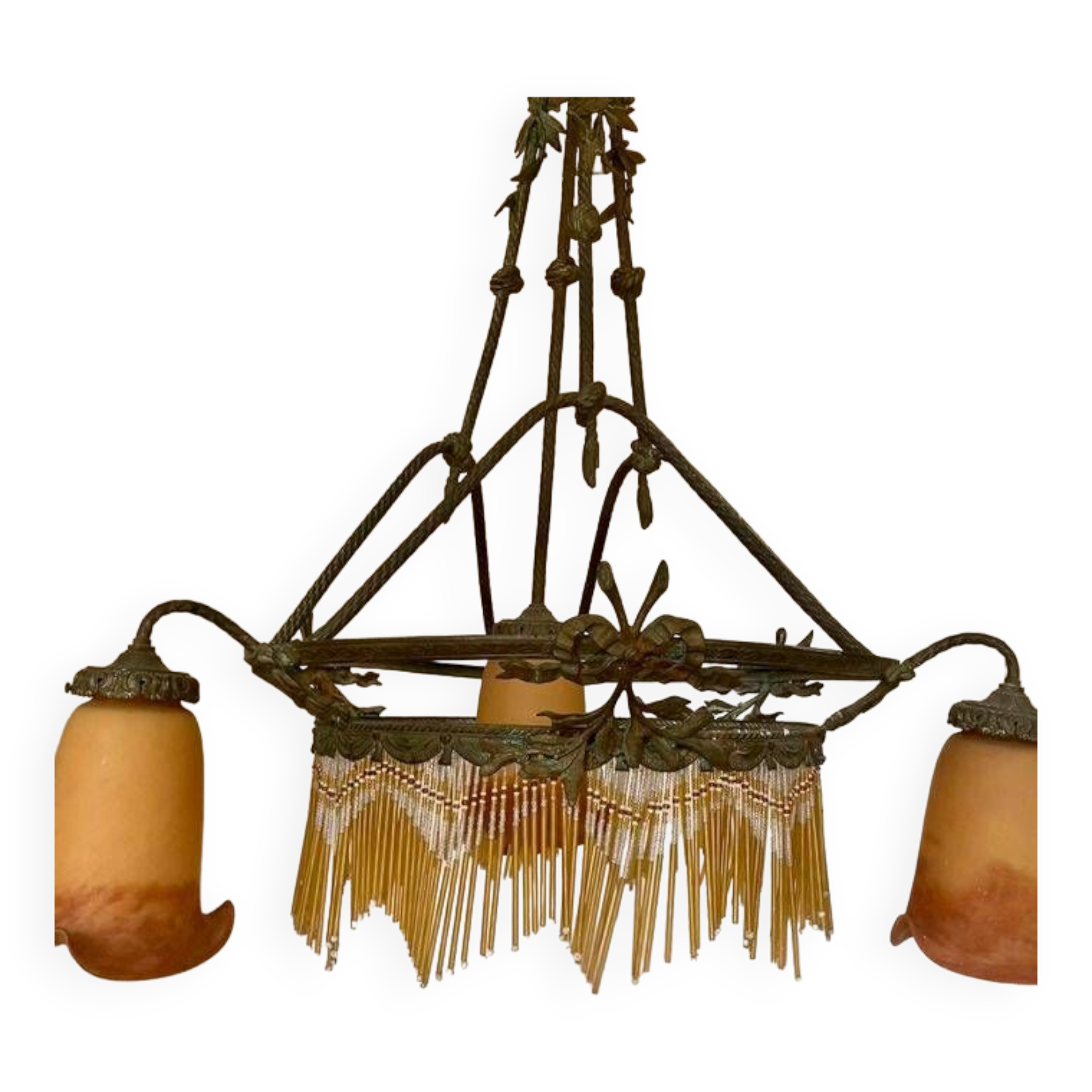 19th century electrified chandelier. Frosted Glass and Bronze