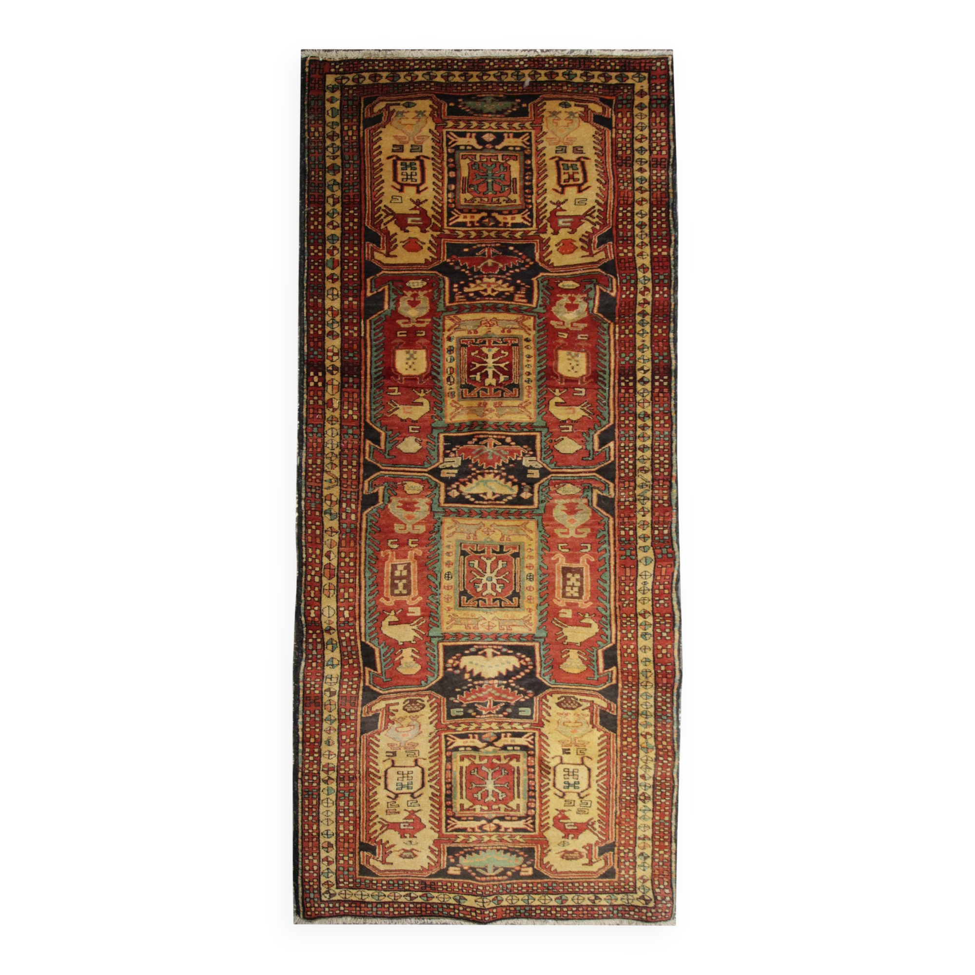 Red & Mustard Vintage Lankaran Geometric Wool Runner Rug 304 x 115 cm