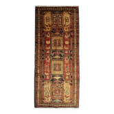 Tapis de couloir vintage Lankaran géométrique en laine rouge et moutarde, 304 x 115 cm
