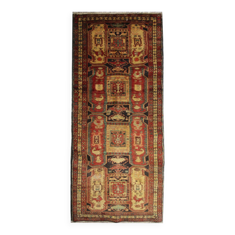 Red & Mustard Vintage Lankaran Geometric Wool Runner Rug 304 x 115 cm