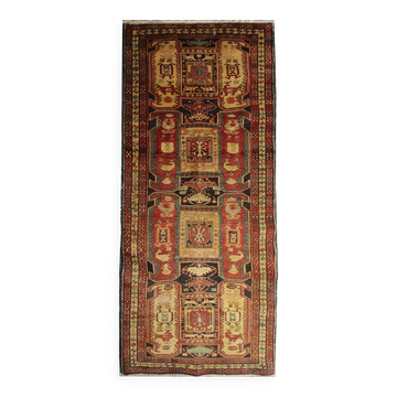 Red & Mustard Vintage Lankaran Geometric Wool Runner Rug 304 x 115 cm