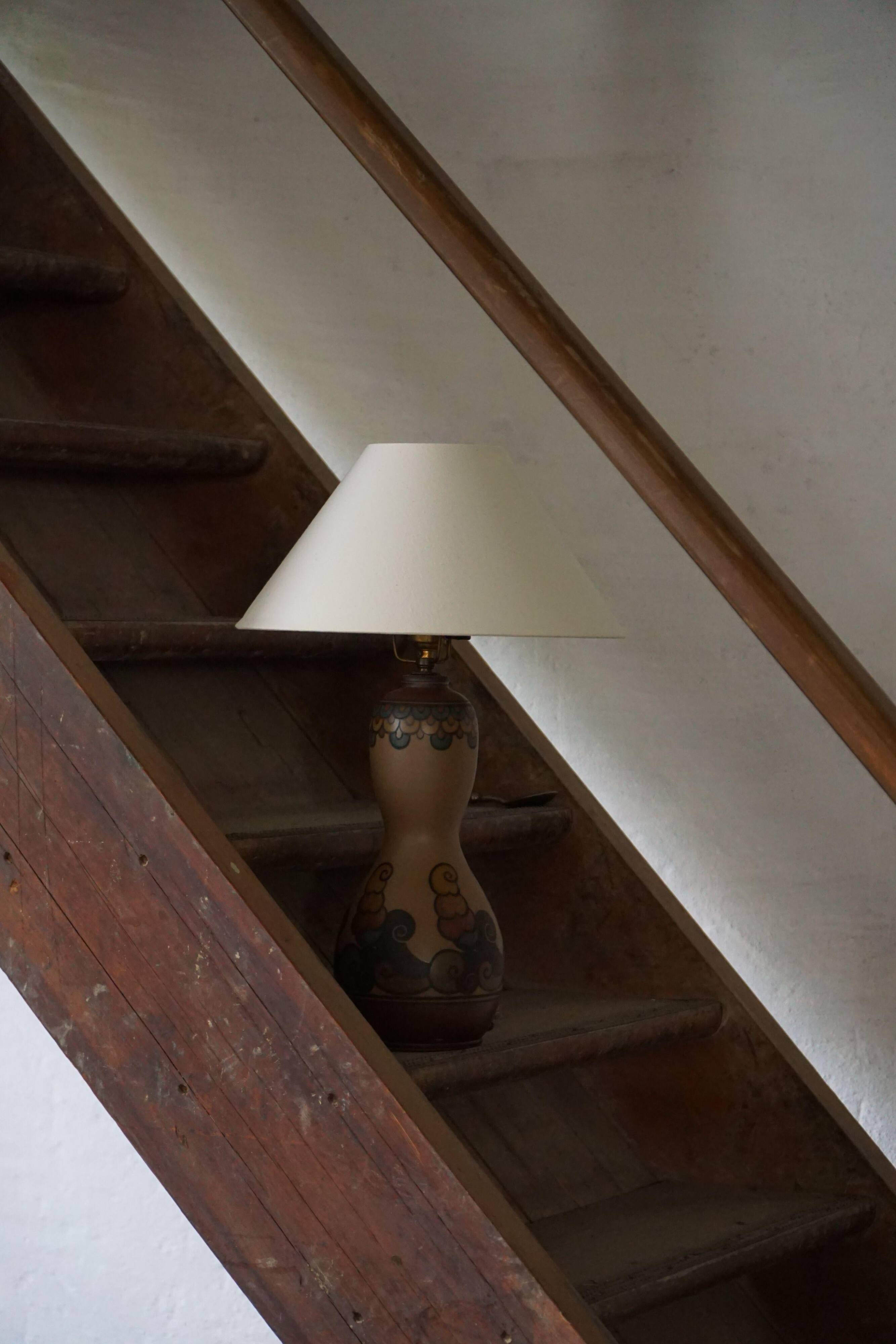 Terracotta table lamp, Art Nouveau, L. Hjorth, Bornholm, Denmark, 1930s