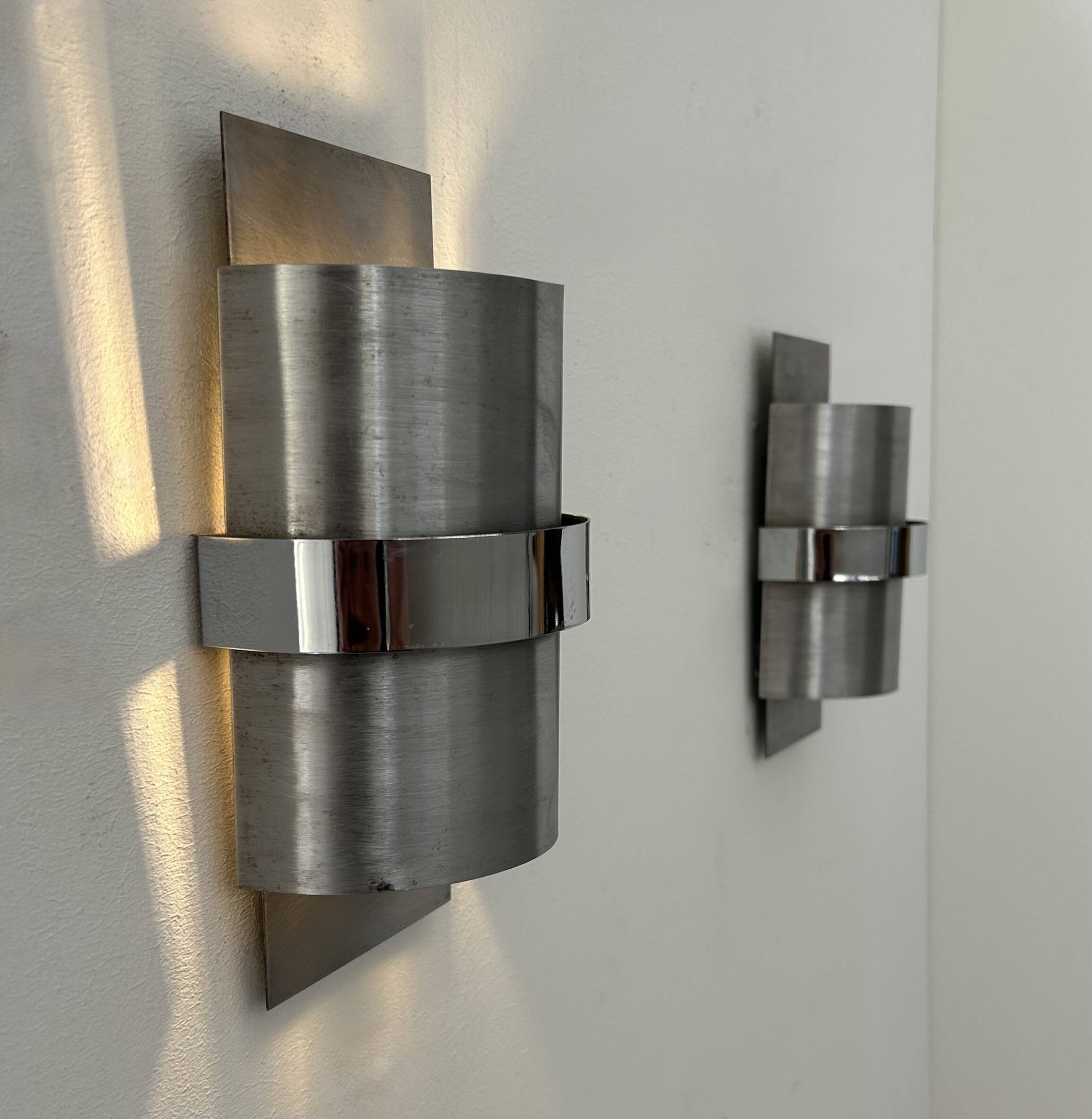 Pair of vintage wall lights, brushed metal and chrome, France 1970