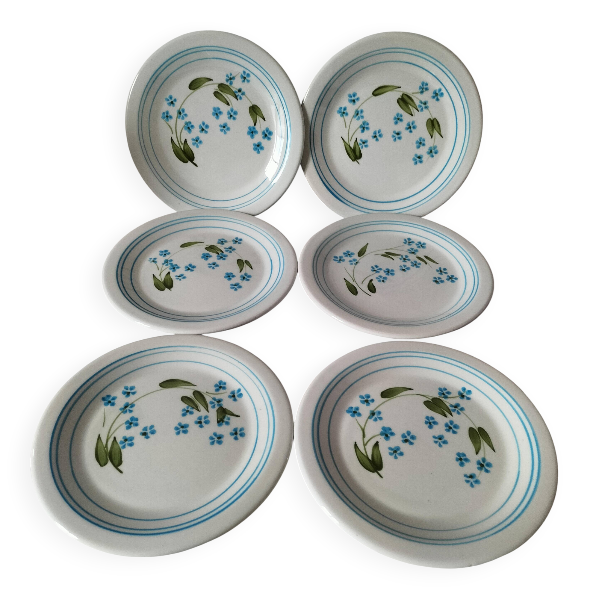 6 assiettes à dessert vintage Quadrifoglio italiennes décor myosotis