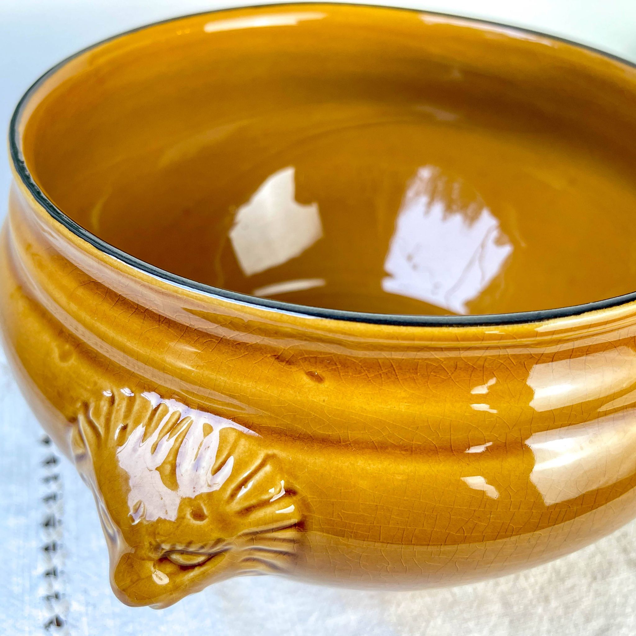 Vintage Ceramic Lion Head Soup Tureen - Honey, Made in France