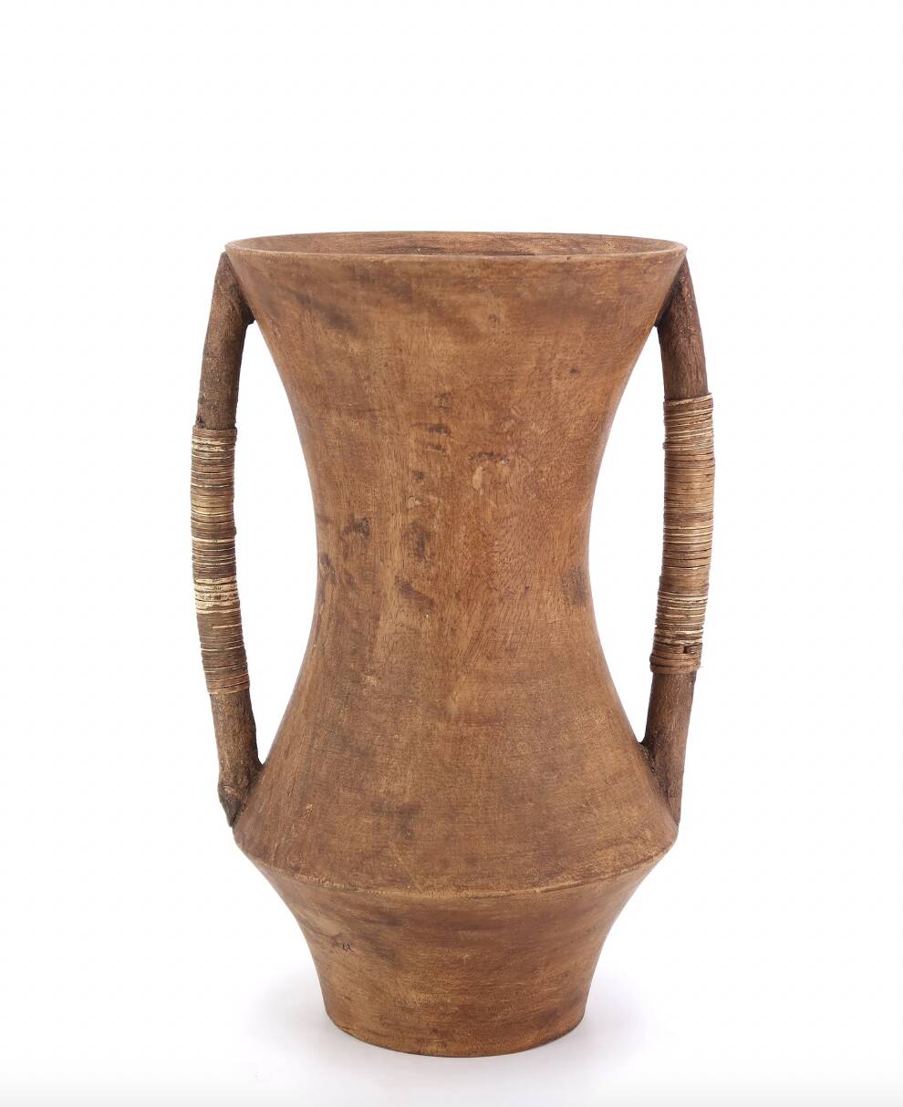 Wooden amphora vase, handles covered with wicker, 1970s.