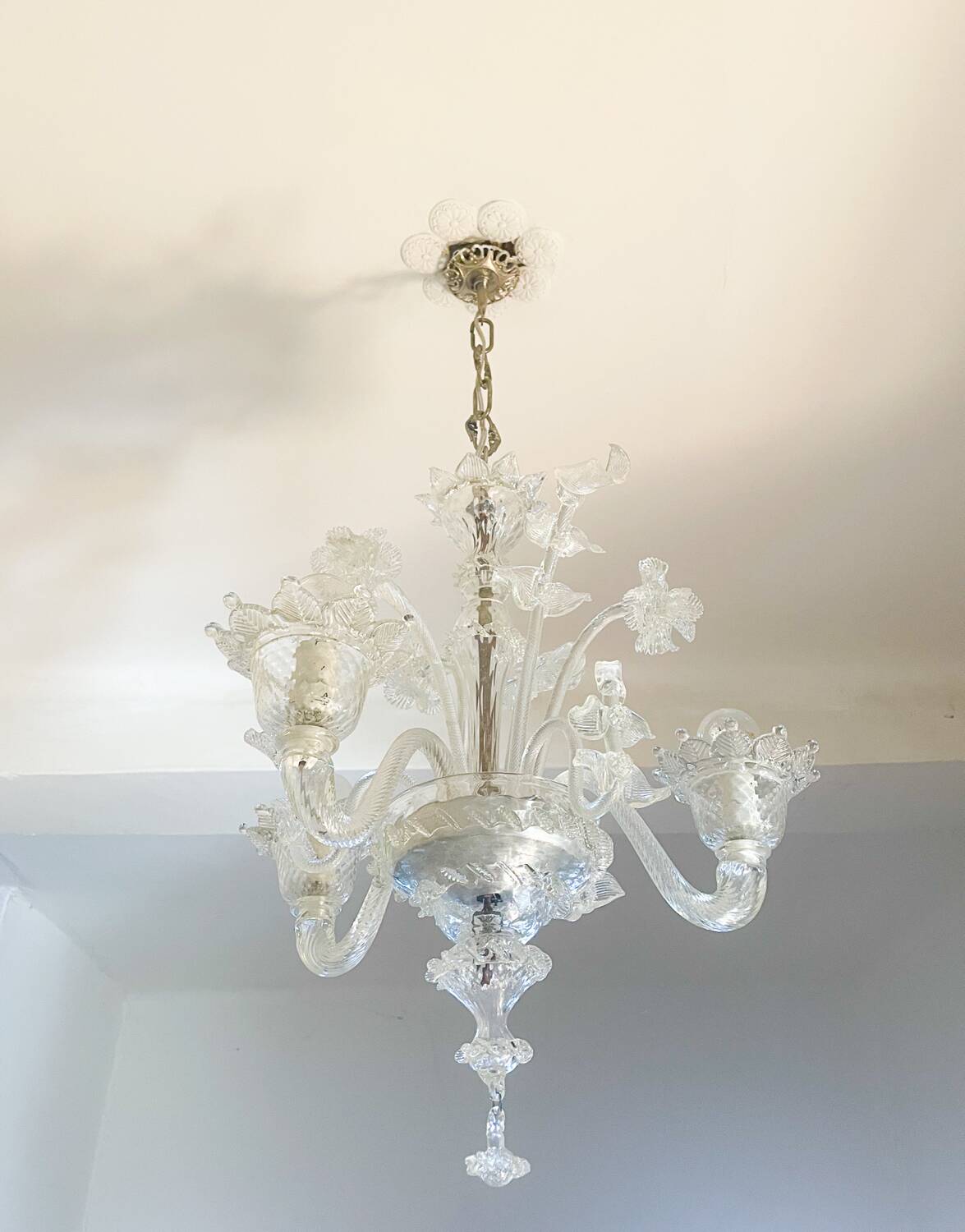 Lustre authentique en verre de Murano – 3 branches – Transparent