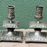 Pair of square candlesticks in patinated bronze