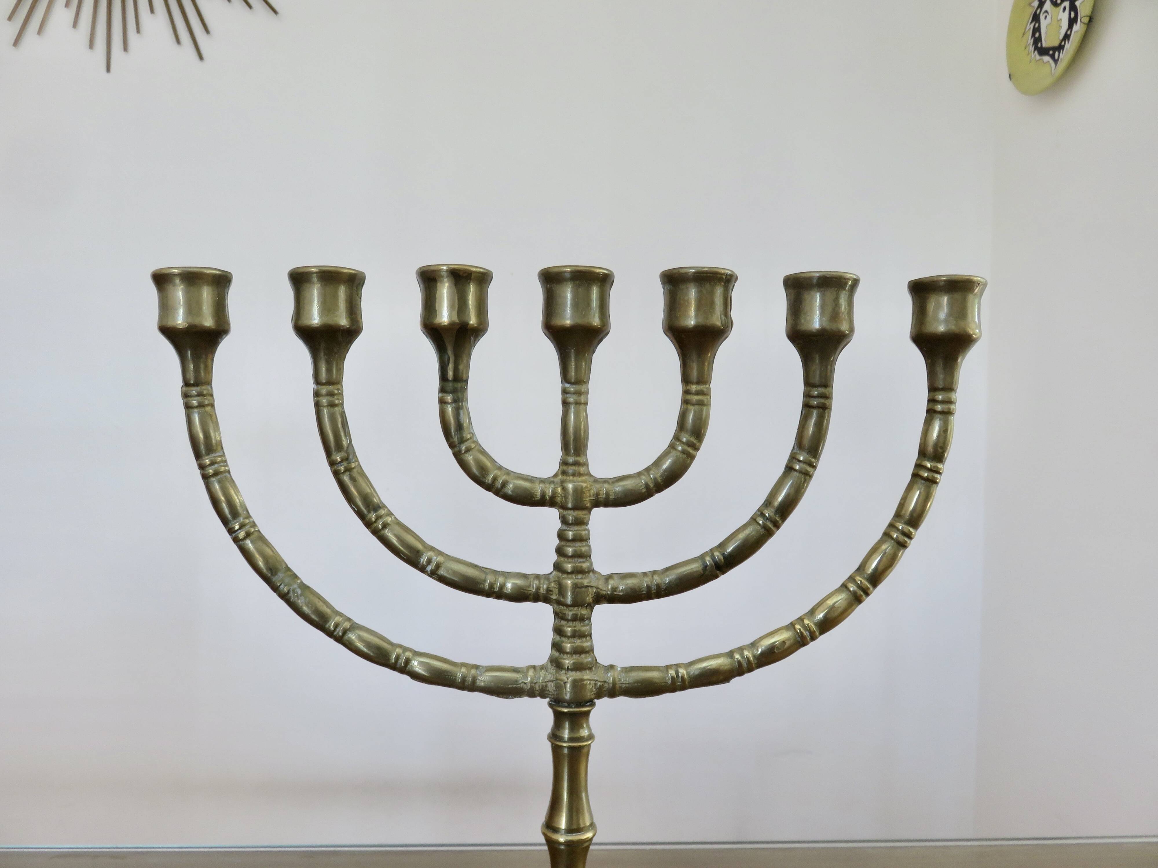 Large candle holder, candlestick, solid bronze, 7 candles, 1970s, Menorah