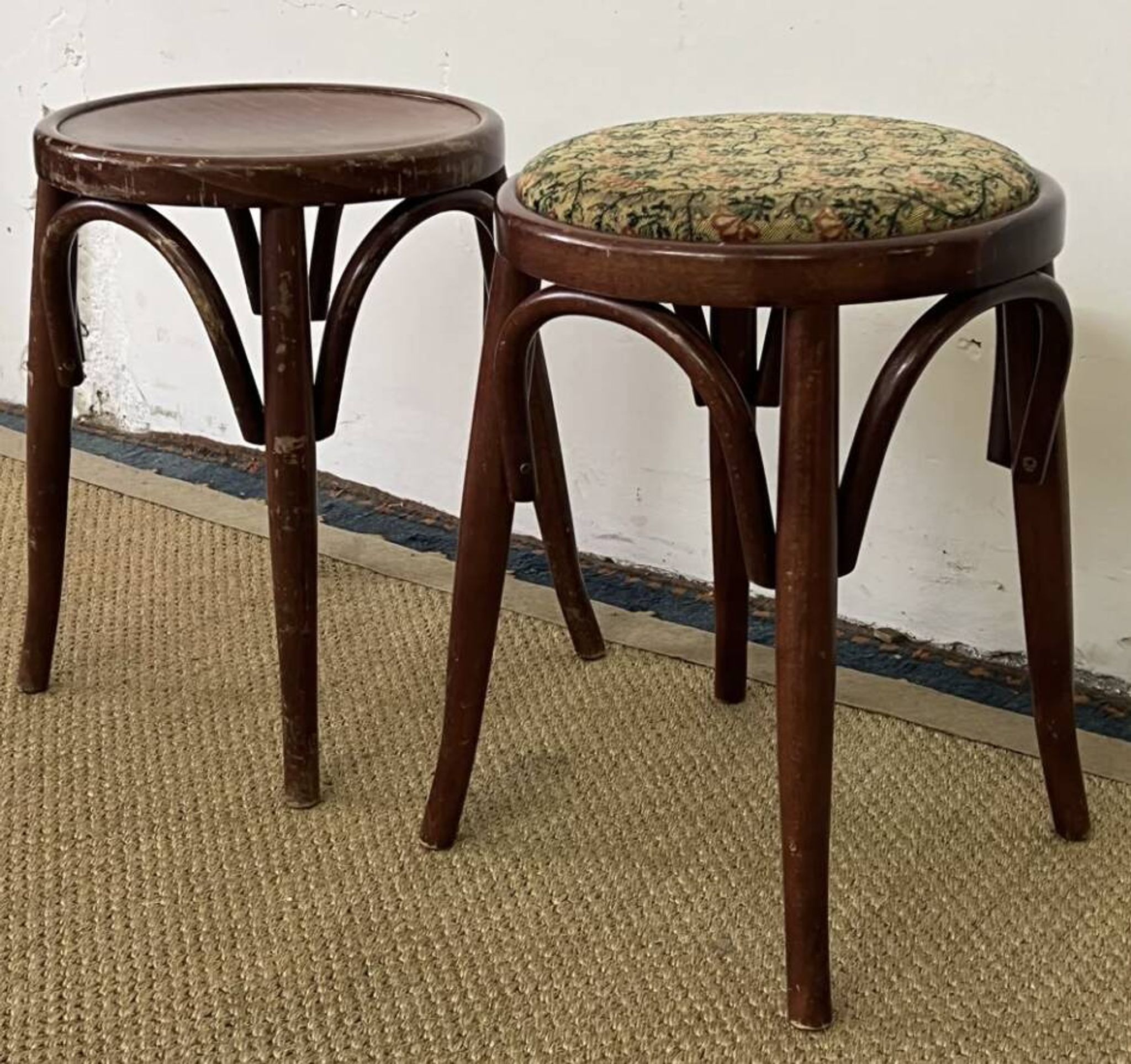 Pair of low stools in curved wood, vintage "Thonet" style