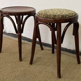 Pair of low stools in curved wood, vintage "Thonet" style