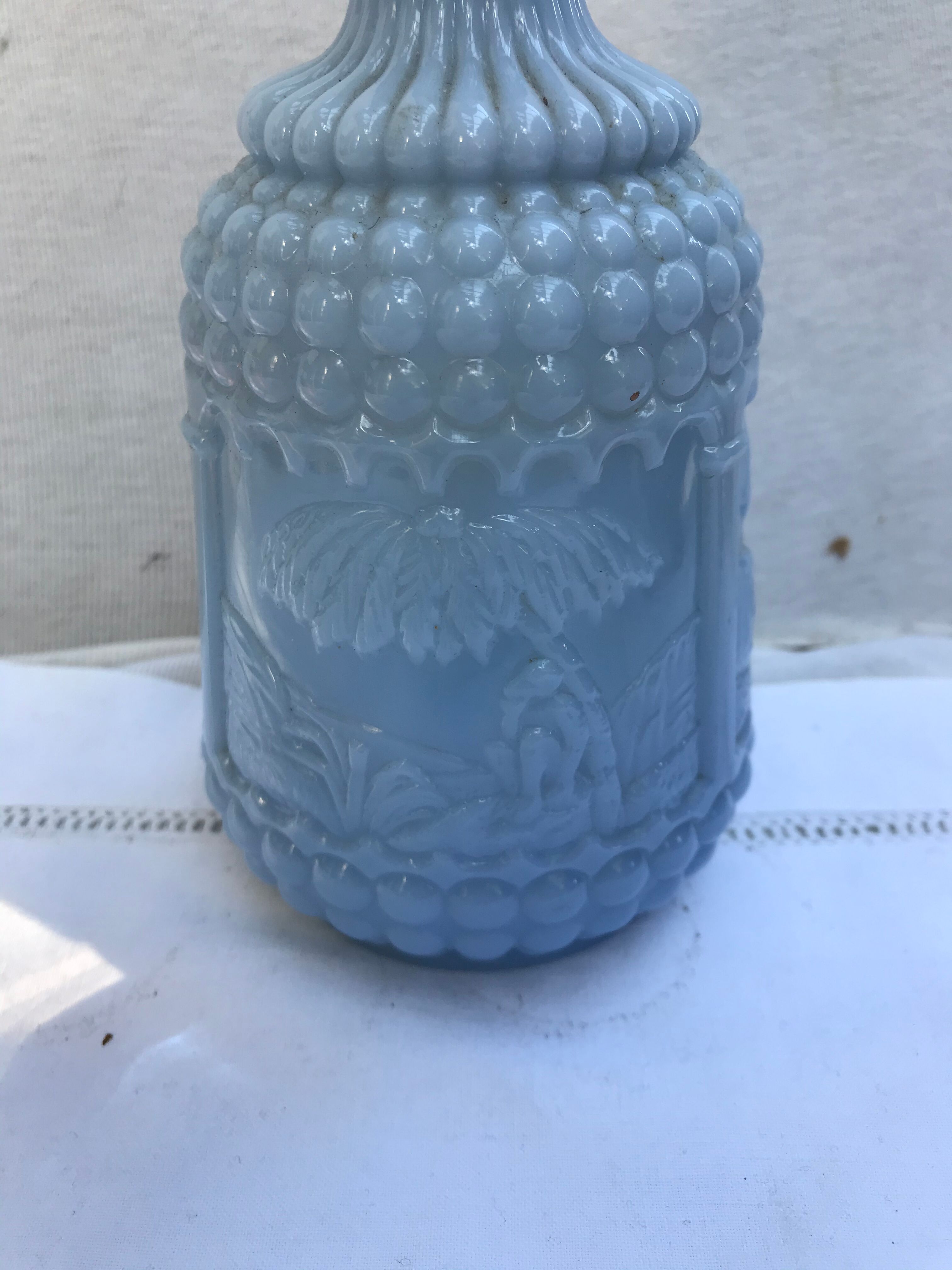 Former Carafe Liqueur Opaline Blue Decor Moulded - Vintage Cave Bouchon