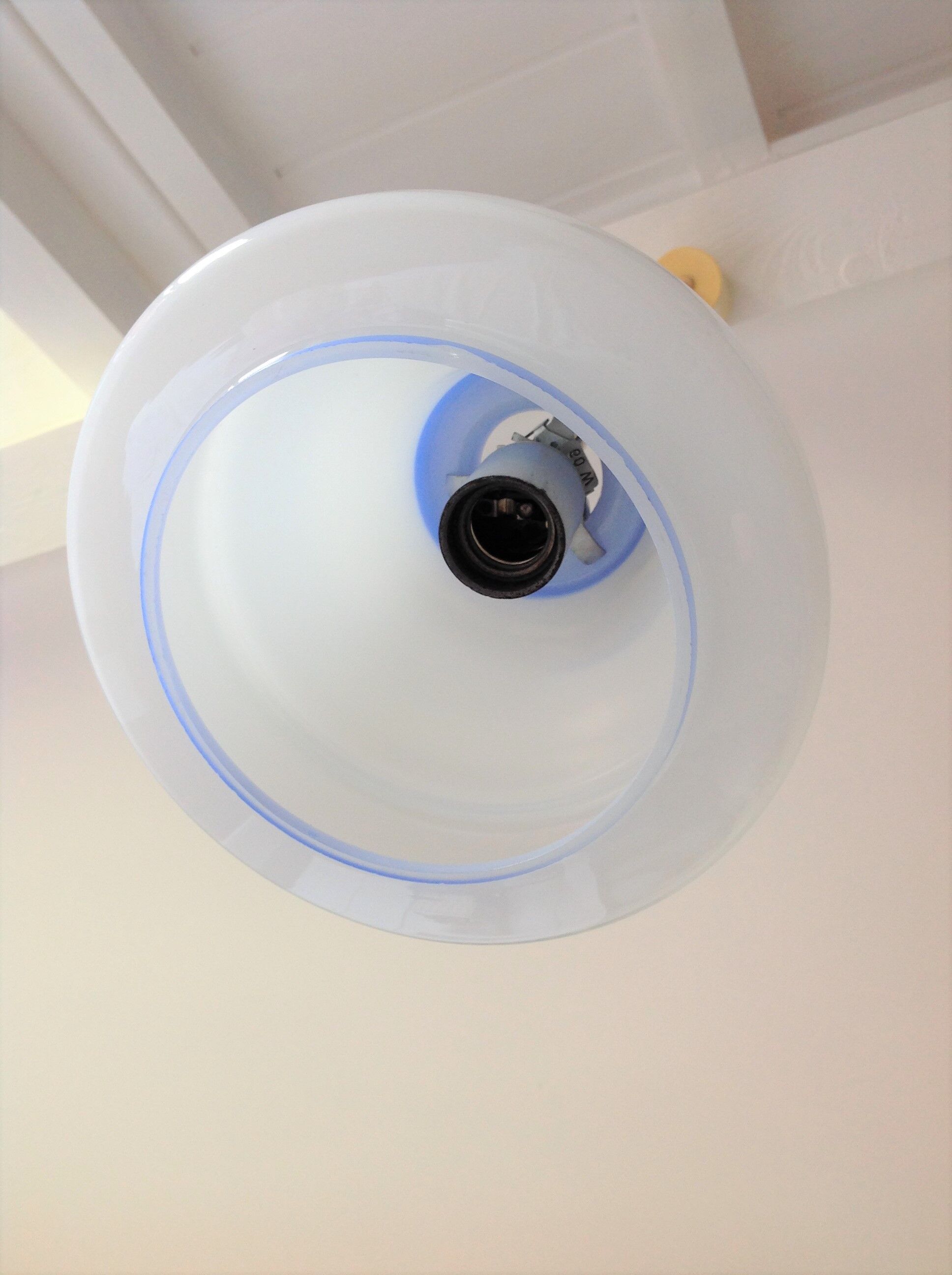 Bell hanging lamp in white and blue opaline 60s