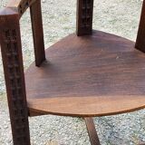 Set of three brutalist tripod armchairs in carved solid oak