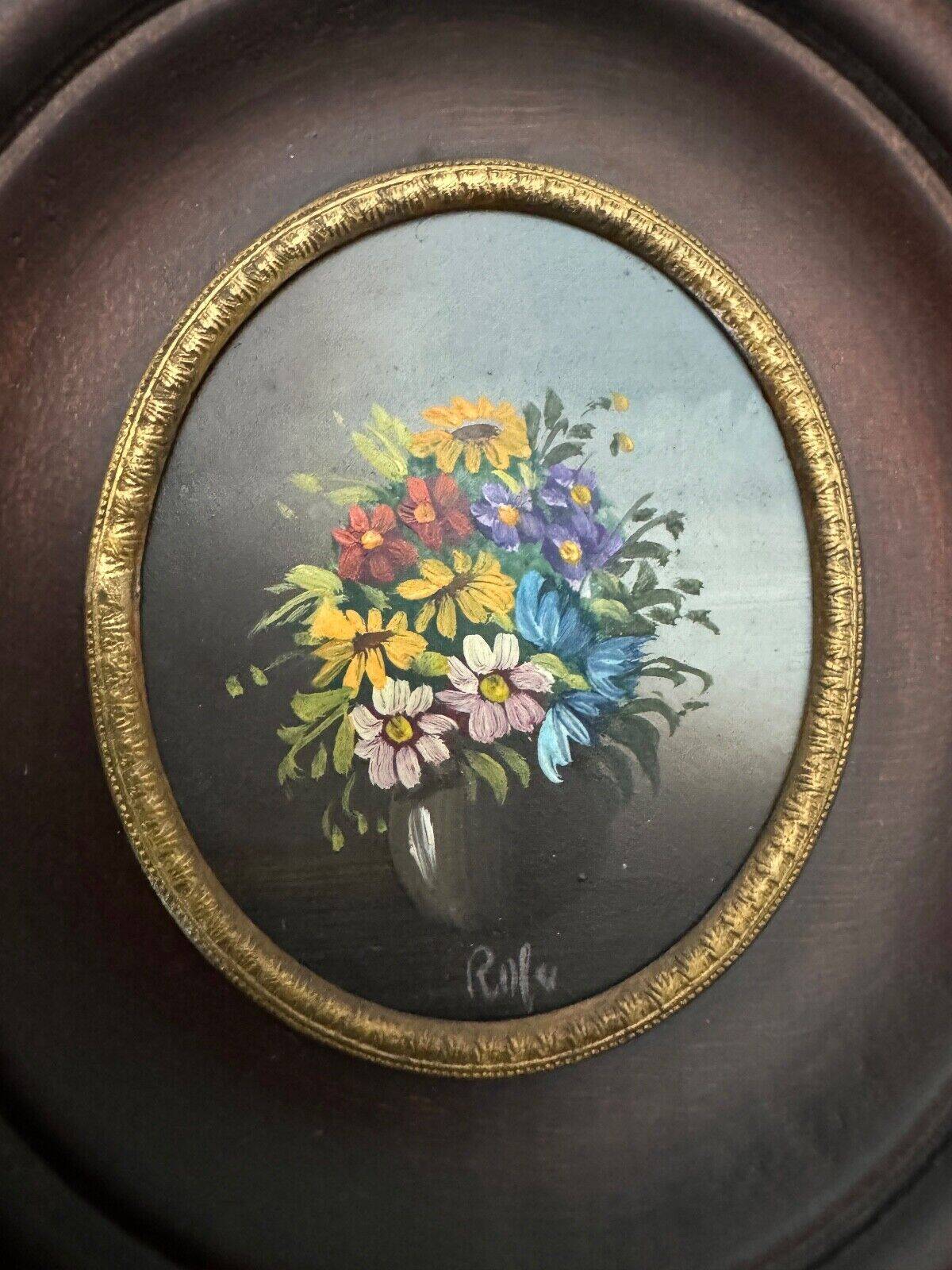 Miniature hand painted by Rolu bouquet of flowers mid 20th century wooden frame
