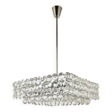 Grand lustre carré Bakalowits avec cristaux en forme de diamant, Autriche, années 1950