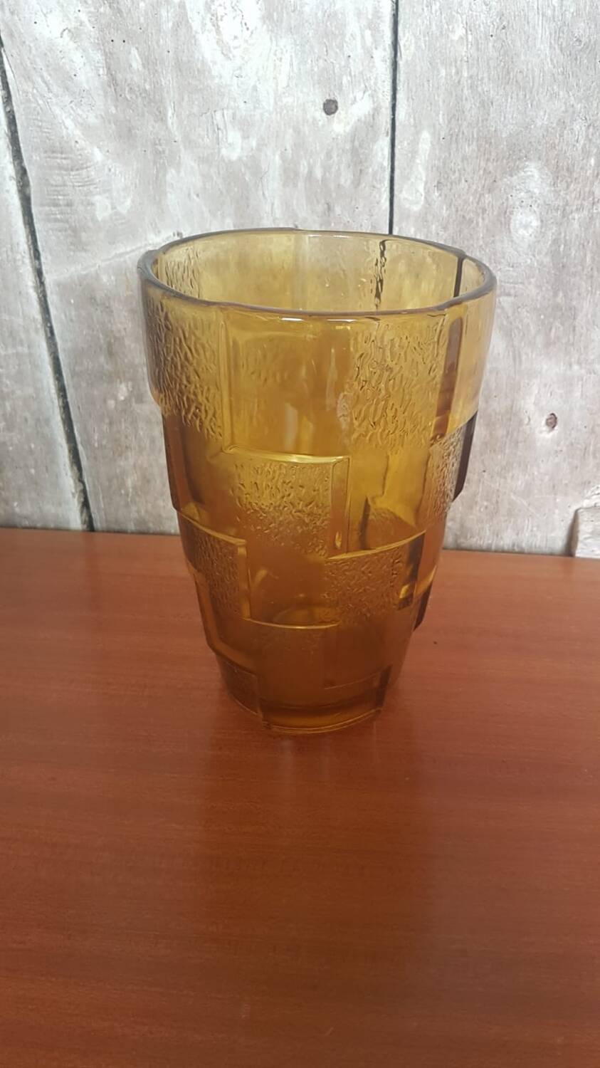 Old Art Deco Style Vase Molded Glass Orange Vintage #A696