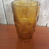 Ancien Vase Style Art Déco Verre Moulé Orange Vintage #A696