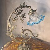 Bronze and brass lamp, transparent and blue glass shade.