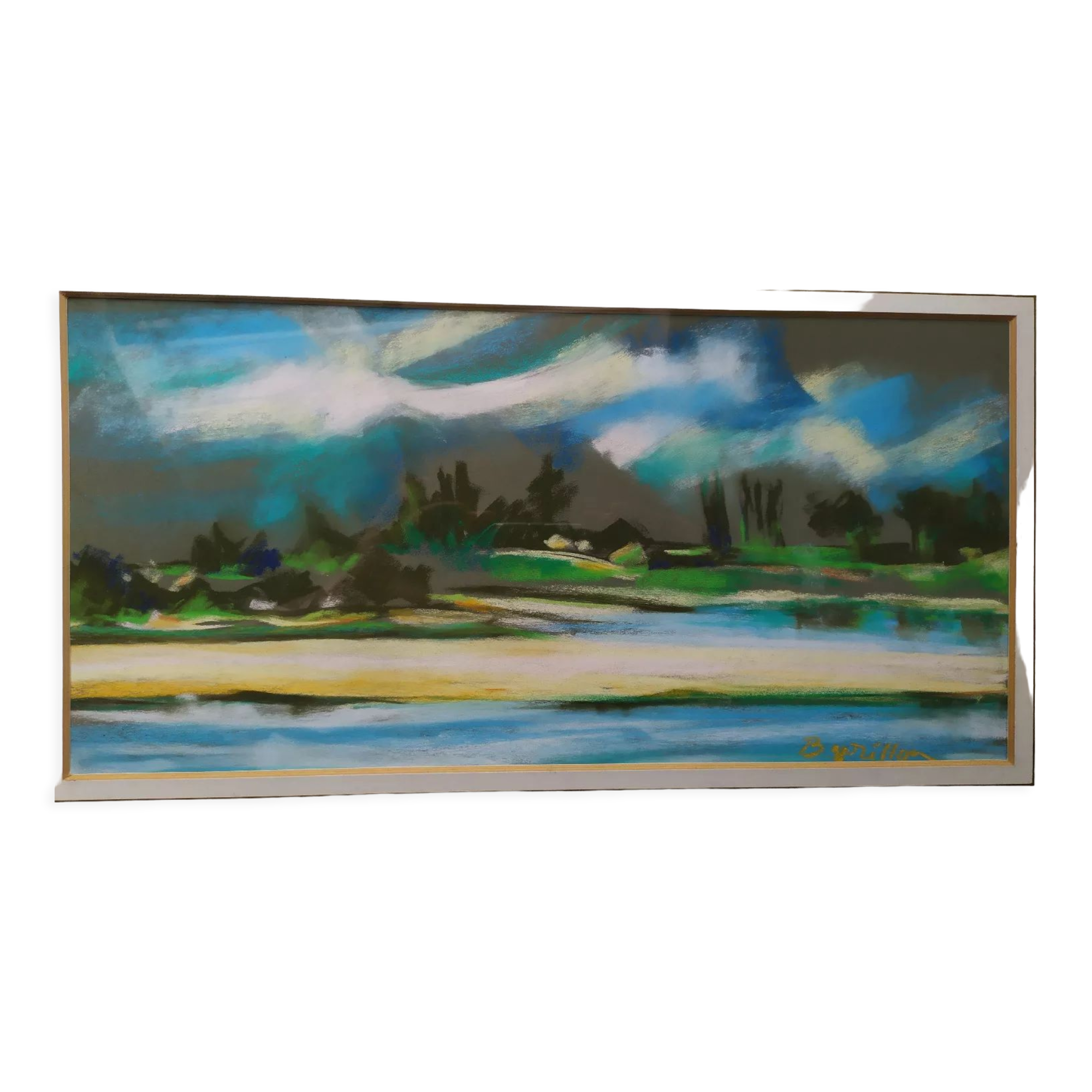 Landscape in framed pastel signed Burillon