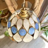 Capiz mother-of-pearl and vintage two-tone brass pendant light in Art Deco style