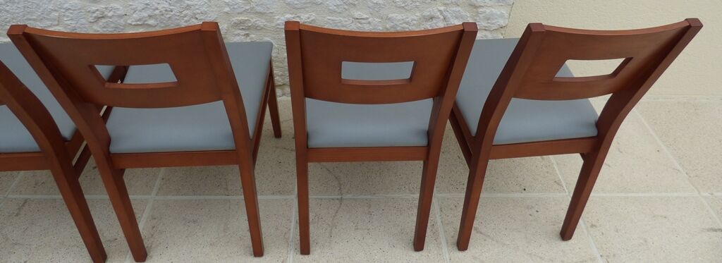 Set of 6 cherry wood style chairs with gray imitation leather seat