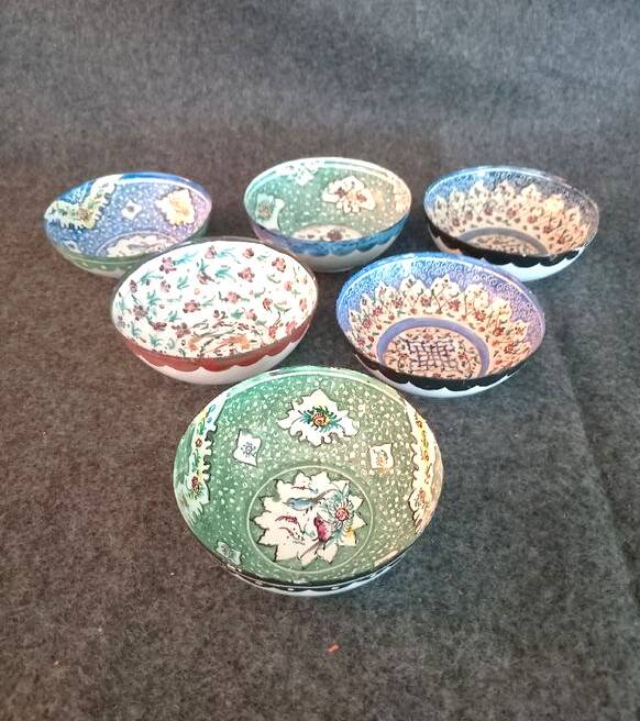 Set of 6 antique enameled copper bowls with Persian decoration