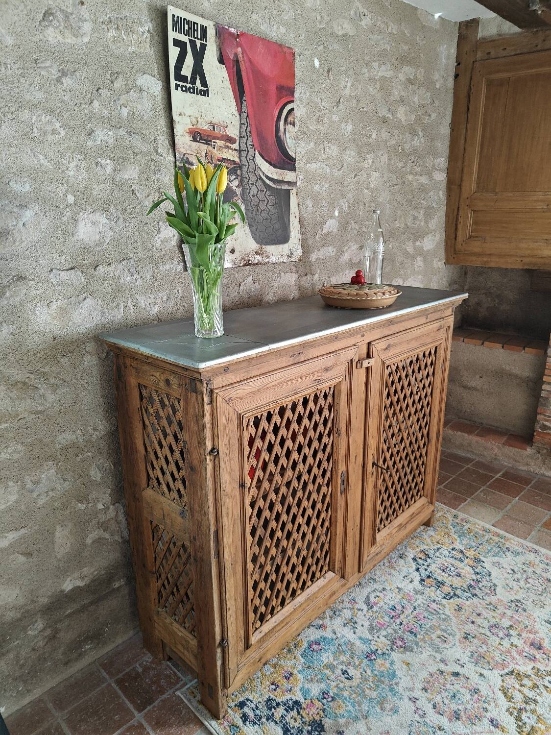 Antique solid pine sideboard with zinc top.