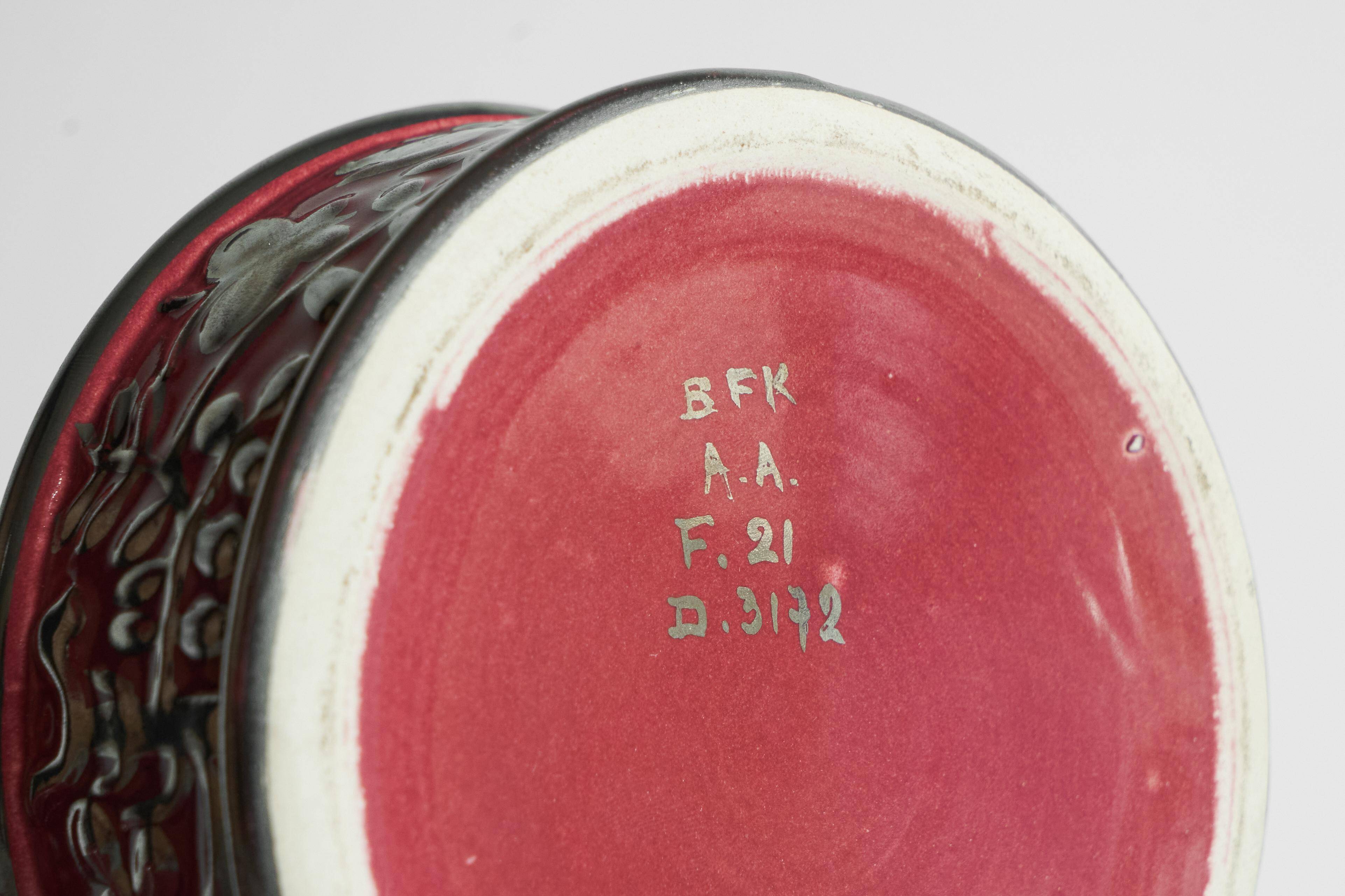 Boch Frères Keramis Rosa bowl with lid, flowers and butterflies in silver glaze.