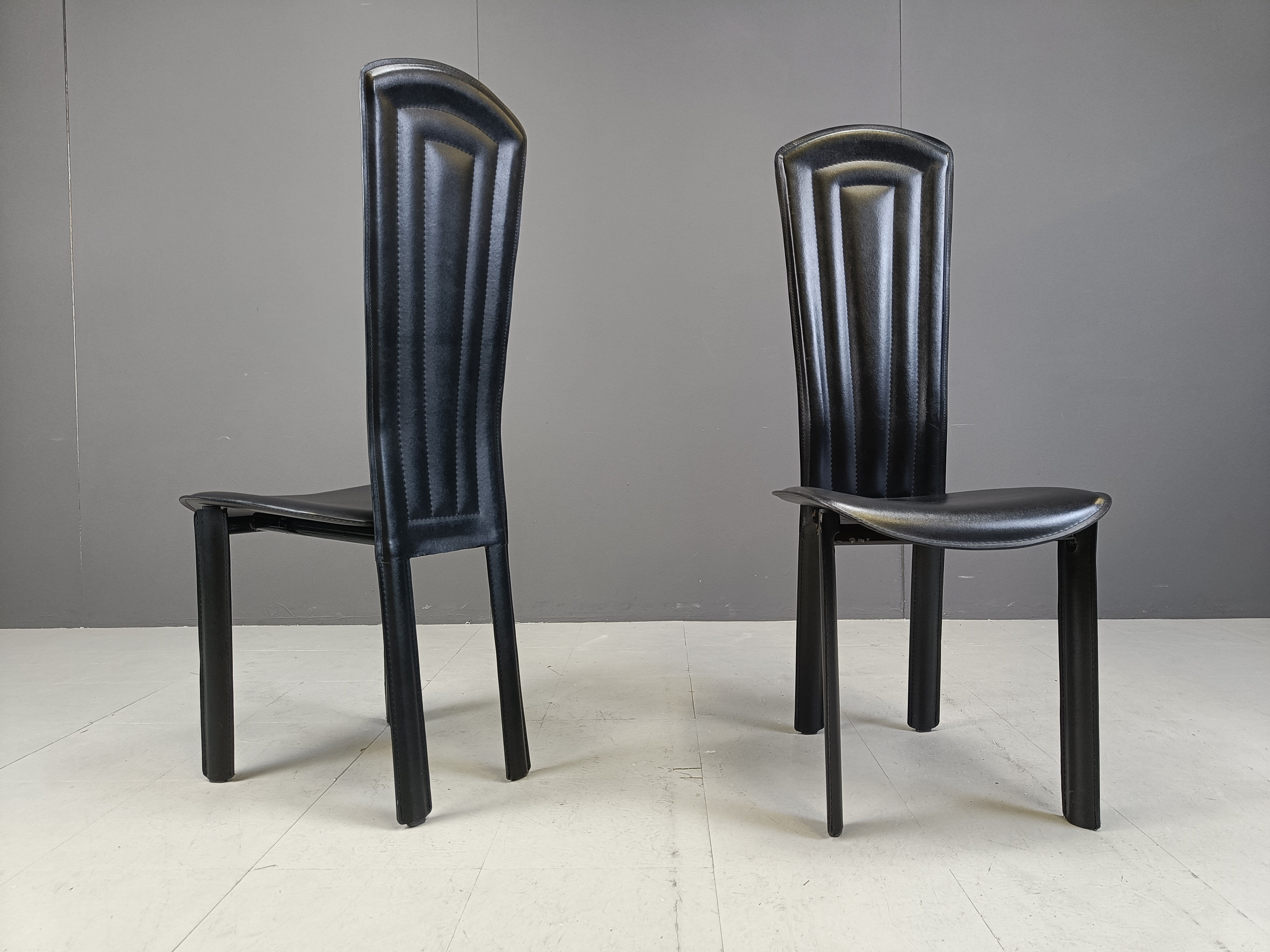 Vintage black leather dining chairs, set of 4, 1980s