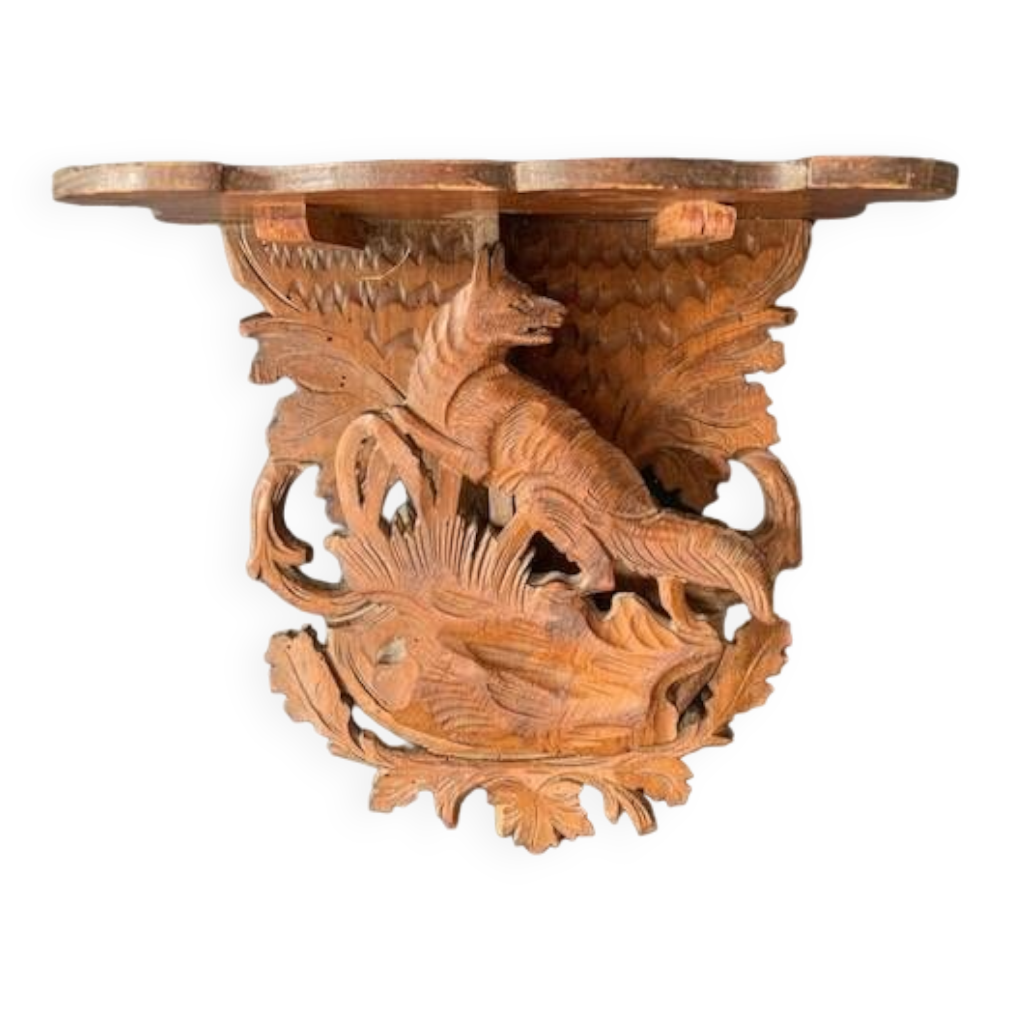 Black Forest carved wooden wall console, harness with wolf decoration