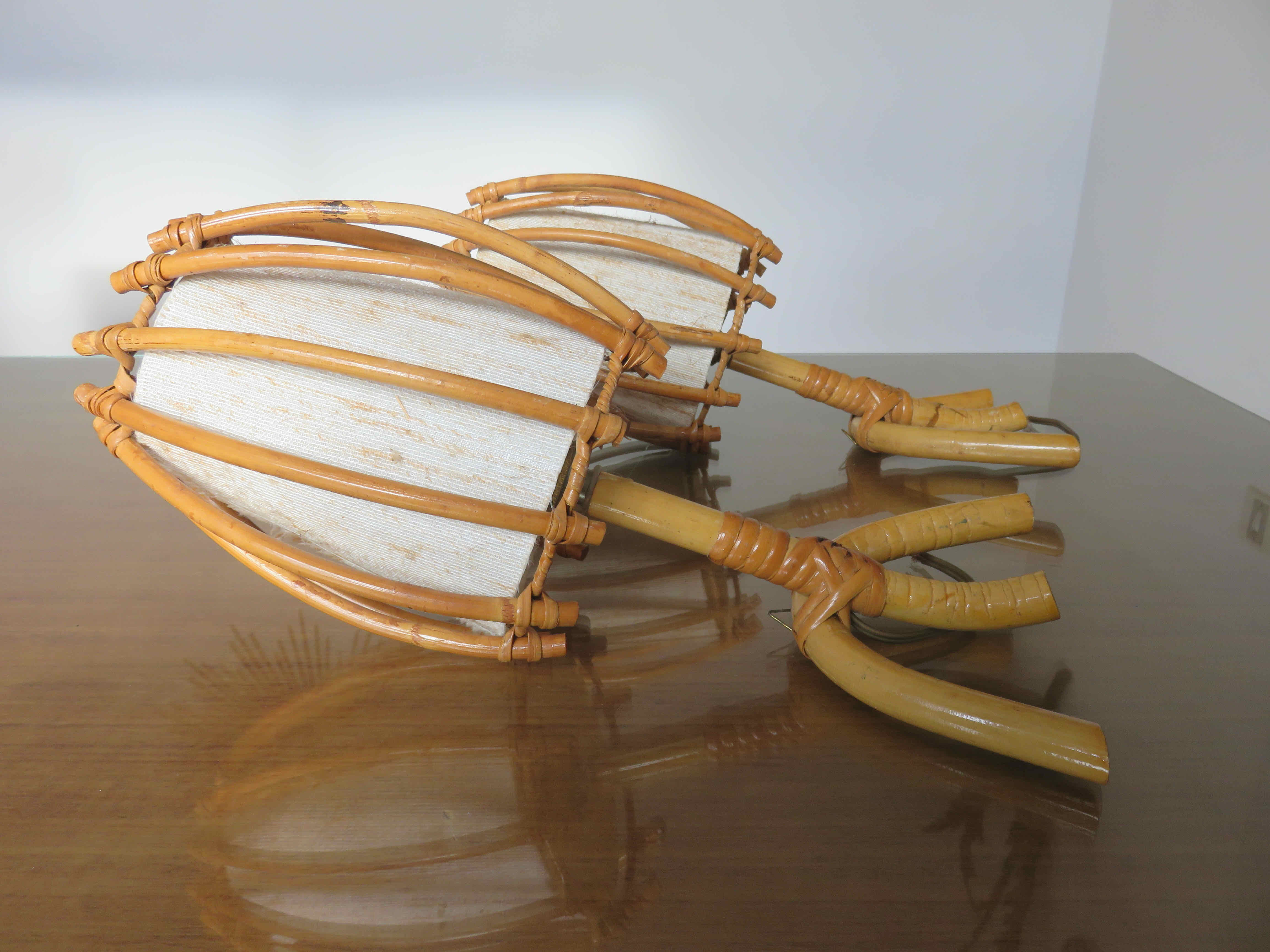 Pair of sconces Louis Sognot in rattan, bamboo 60s