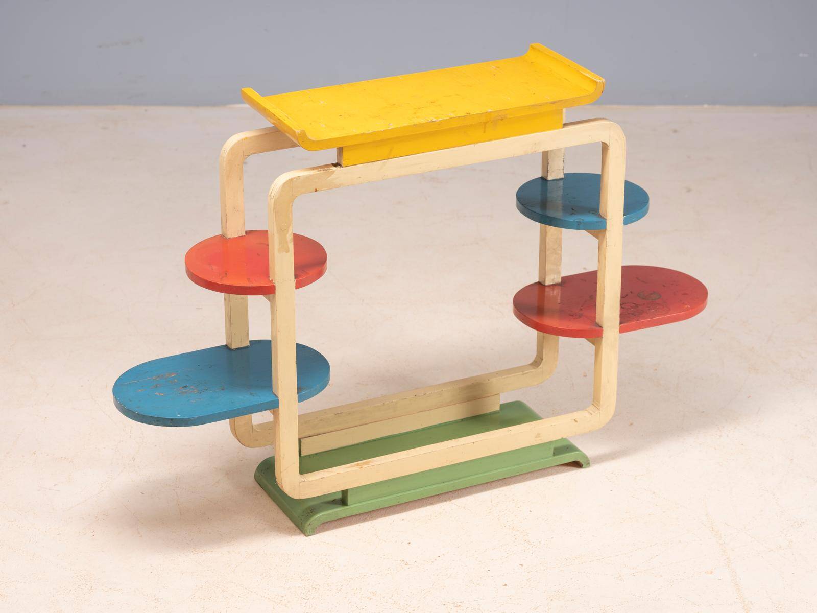 Vintage multicolour tubular steel flower stand / plant stand, mid-20th century, Czechoslovakia, 71 × 50 × 103 cm