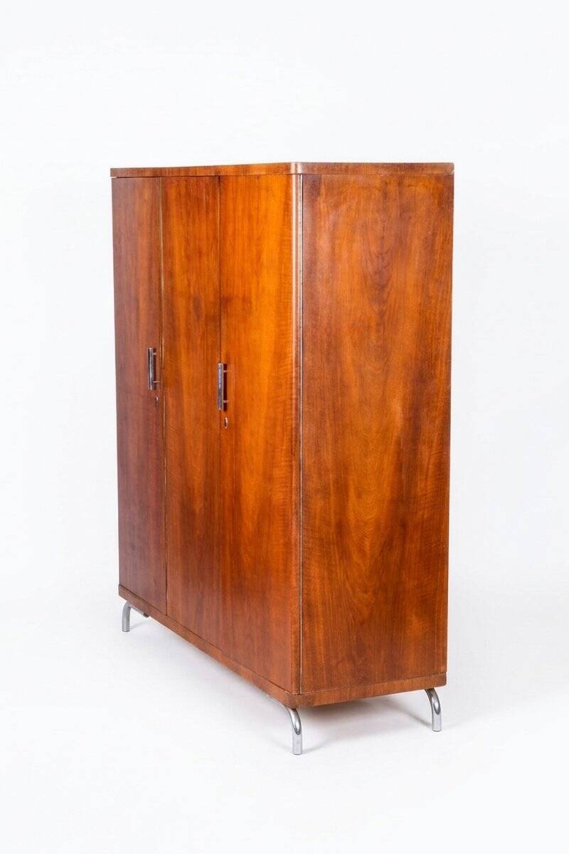 Bauhaus Wardrobe in Chromed Steel and Walnut by Slezak, Czech, 1930s