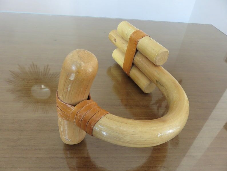 Wooden wall coat door hook with leather straps 60s 70s