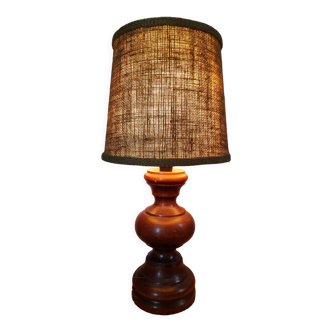 Table lamp foot turned wood, khaki jute lampshade, vintage