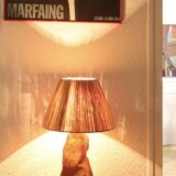 Brutalist sandstone lamp with raffia lampshade