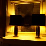 Paire de lampes de table JLB Hollywood Regency en laque noire et laiton doré, 1970s