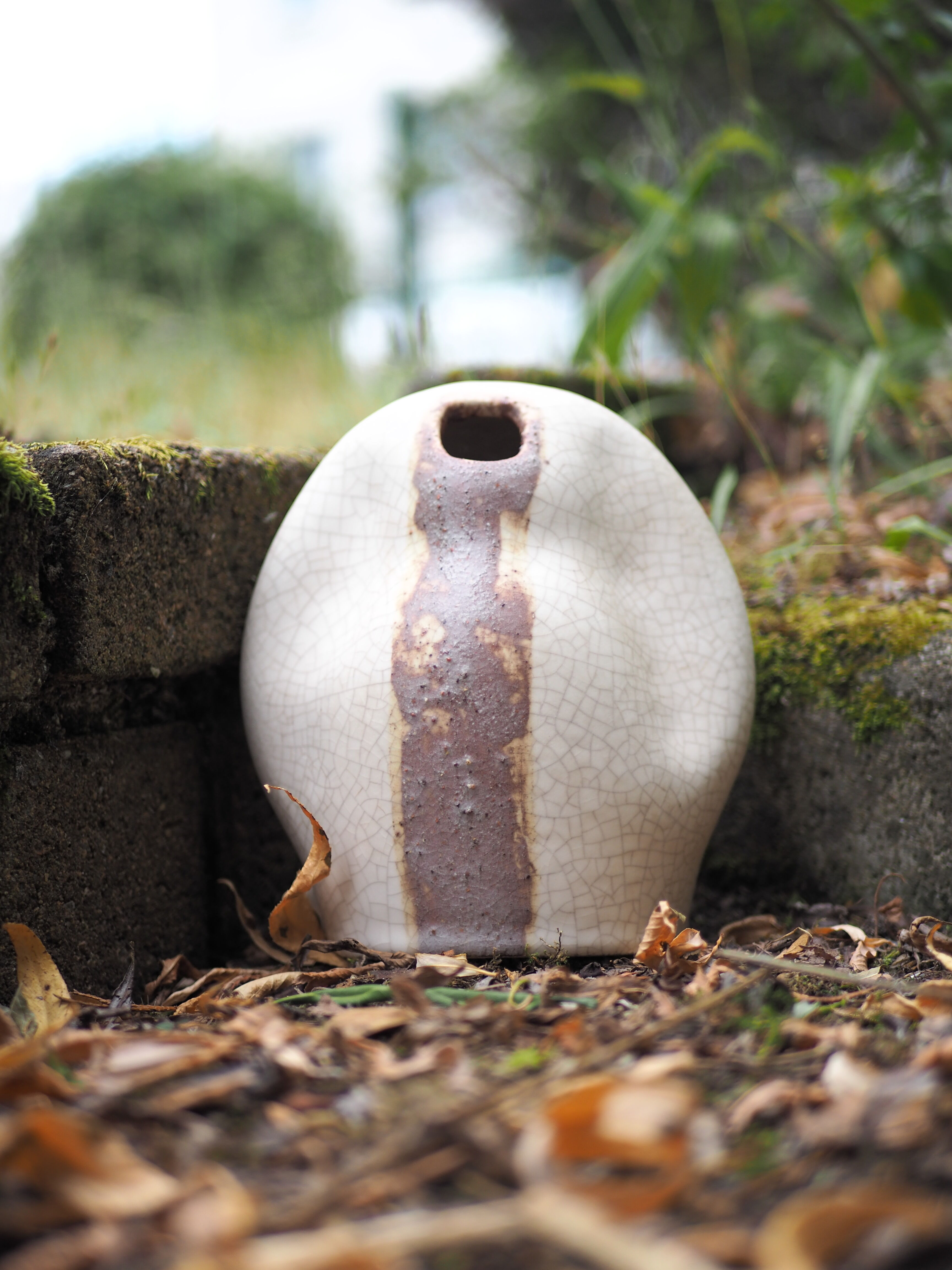 Free-form Soliflore - cracked white enamel - organic ceramic - 80s